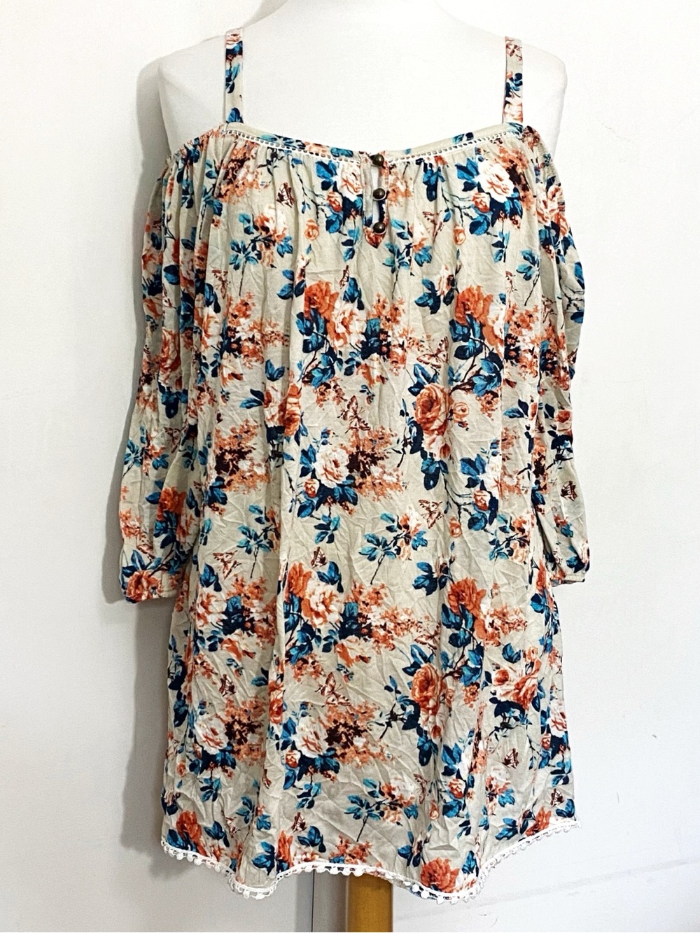 French Laundry Off Shoulder Cottagecore Floral Tunic Top Cream, Rust and Blue 3X